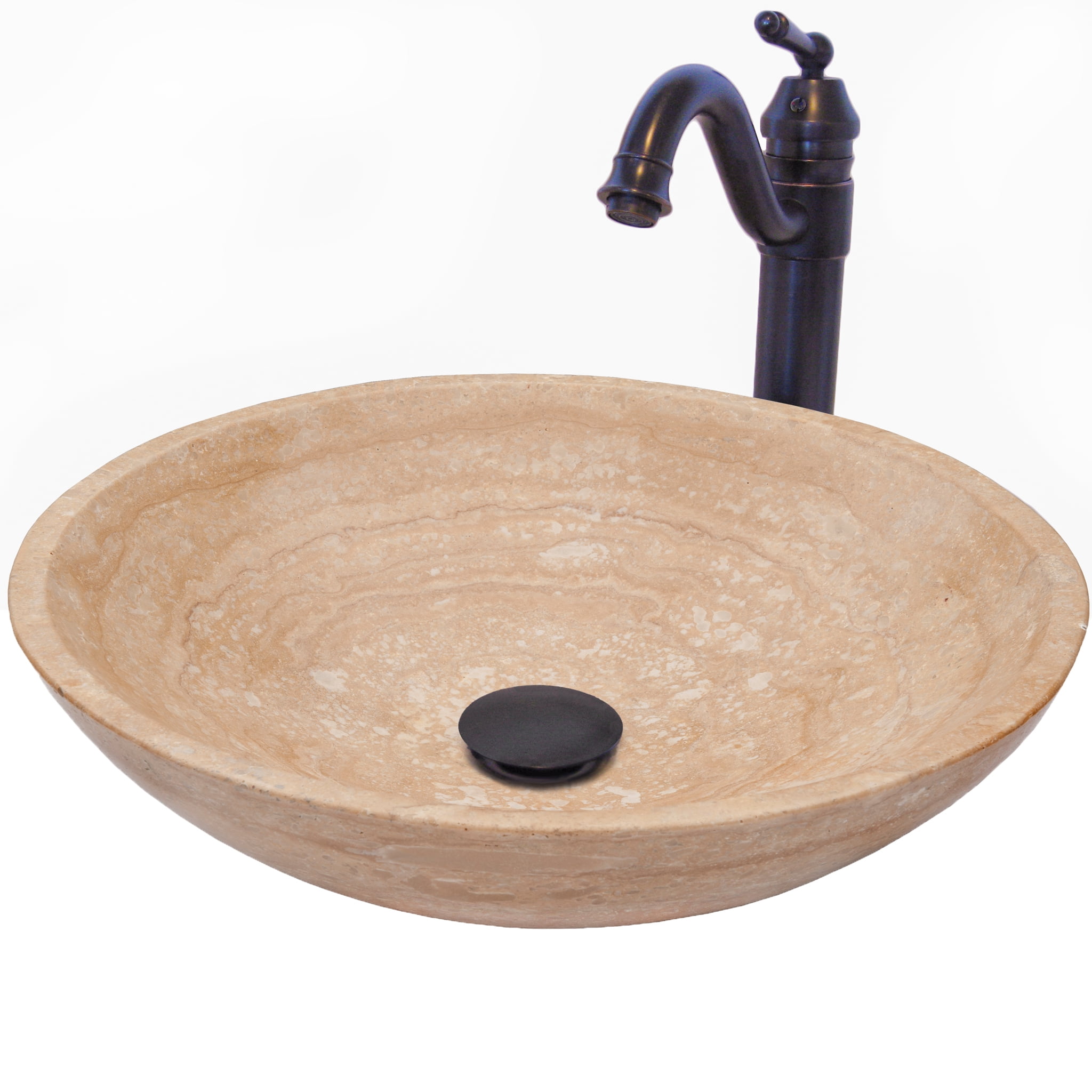 Novatto NSFC-BT359ORB Beige Travertine Stone Vessel Set w/ Faucet and Umbrella Drain, Oil Rubbed Bronze