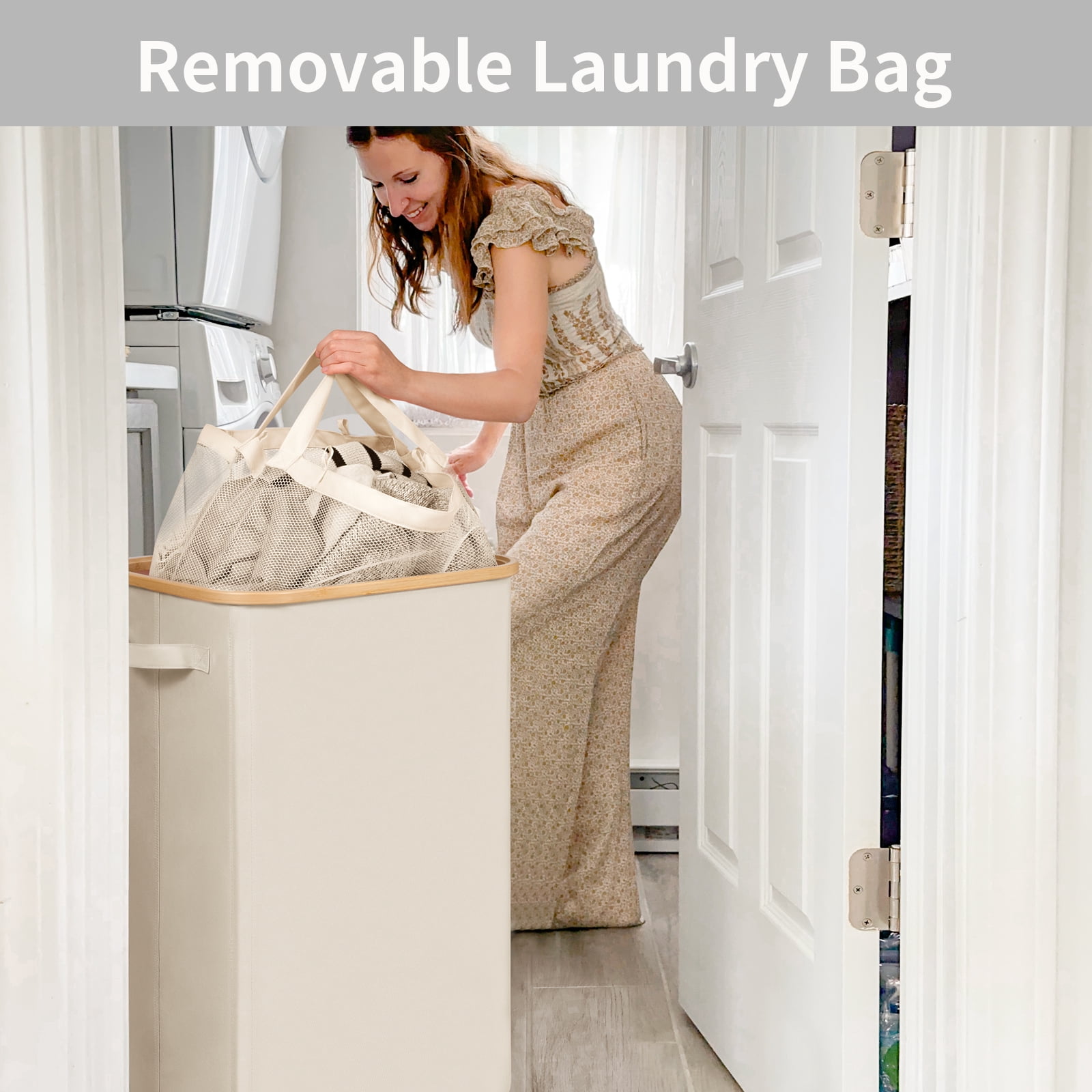 Slim Laundry Basket with Wheels,Freestanding Laundry Hamper with Lid&Bamboo Handles(100L White)