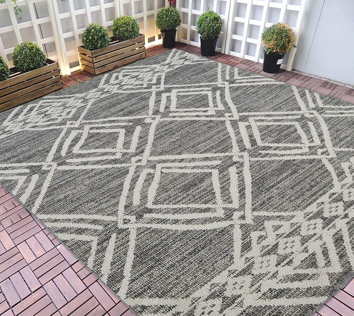 HRIndoor/Outdoor Area Rugs 8x10 Morrocan Trellis Pattern Gray Outdoor