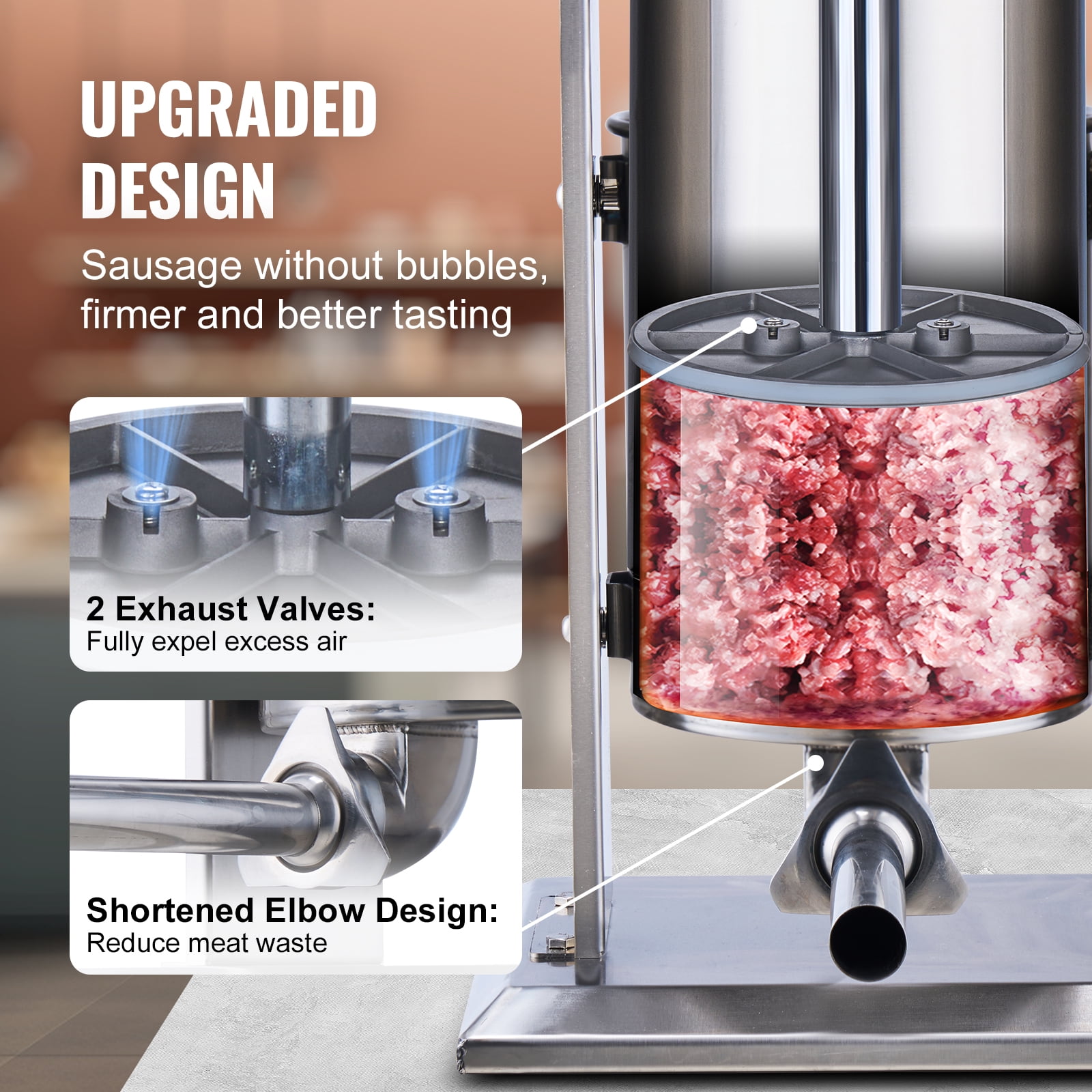 KFFKFF Hand-Operated Sausage Filler, 10 L / 22 LBS Upright Meat Filler, Two-Speed, Constructed with 304 Stainless Steel, Comes with 5 Filling Nozzles, Suitable for Domestic and Commercial Kitchens