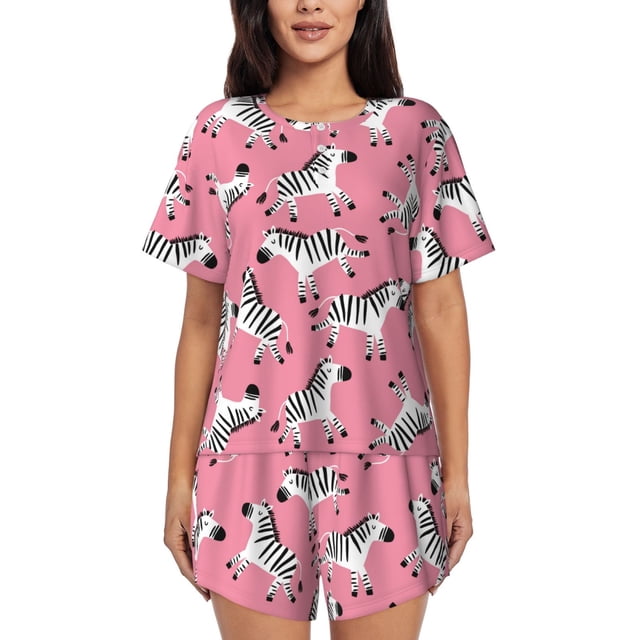 Fotbe Cute Cartoon Zebra Conjunto de Pijama Estampado para Mujer, 2 Piezas, Ropa de Dormir con Camiseta de Manga Corta y Shorts Suaves-Small