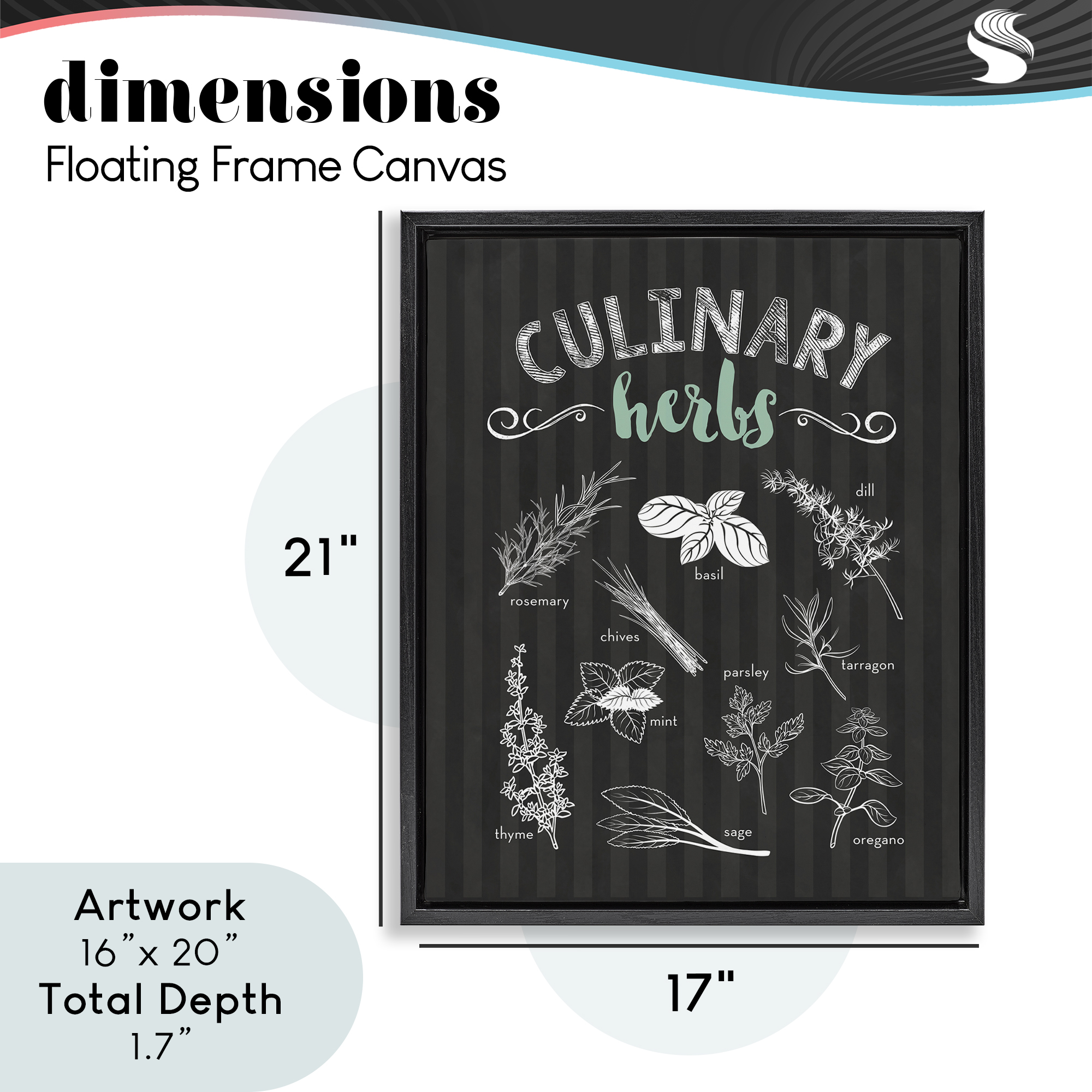 Culinary Herbs on Stripes Black Framed Floater Canvas Wall Art, design by Lettered and Lined