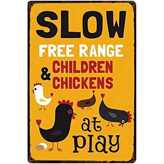 Slow Free Range Children&Chickens at Play Metal Tin Sign 8x12inch Home Kitchen Bar Pub Farm Wall Decor