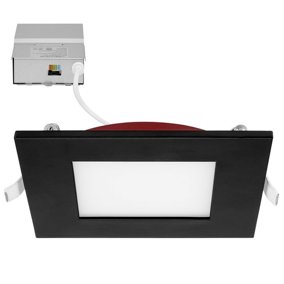 Maxxima 4 in. 2 Hour Fire Rated Slim Square Recessed LED Downlight, Black Trim, Canless IC Rated, 800 Lumens, 5 CCT Color Selectable 2700K-5000K