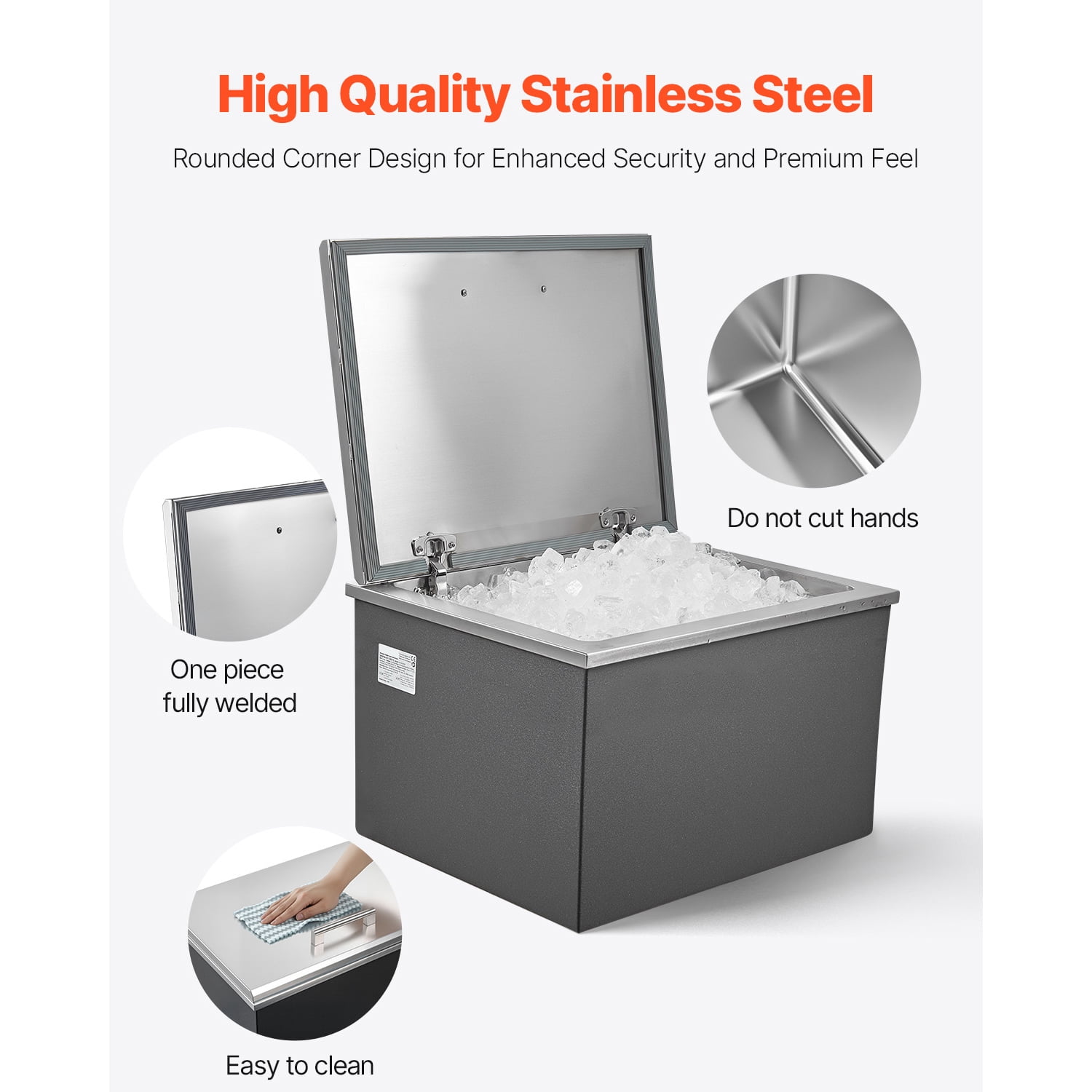 KFFKFF 20"L x 16"W x 13"H Drop-in Ice Chest 44.7 Quart 304 Stainless Steel Cooler with Hinged Lid, Large Capacity Outdoor Kitchen Ice Bar with Drain Pipe for Chilled Wine Beer