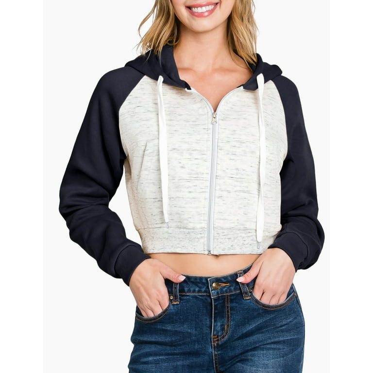 Doublju Women's Contrast Raglan Sleeve Crop Zip Up Hoodie With Kangaroo  Pocket - Walmart.com