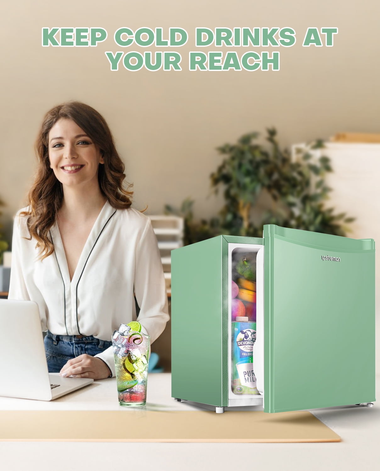 Upstreman 1.7 Cu ft Mini Fridge with Freezer Single Door Compact Refrigerator, Low Noise, Energy Saving, Adjustable Temperature, Reversible Door, for Home Office Dorm, Green FR17