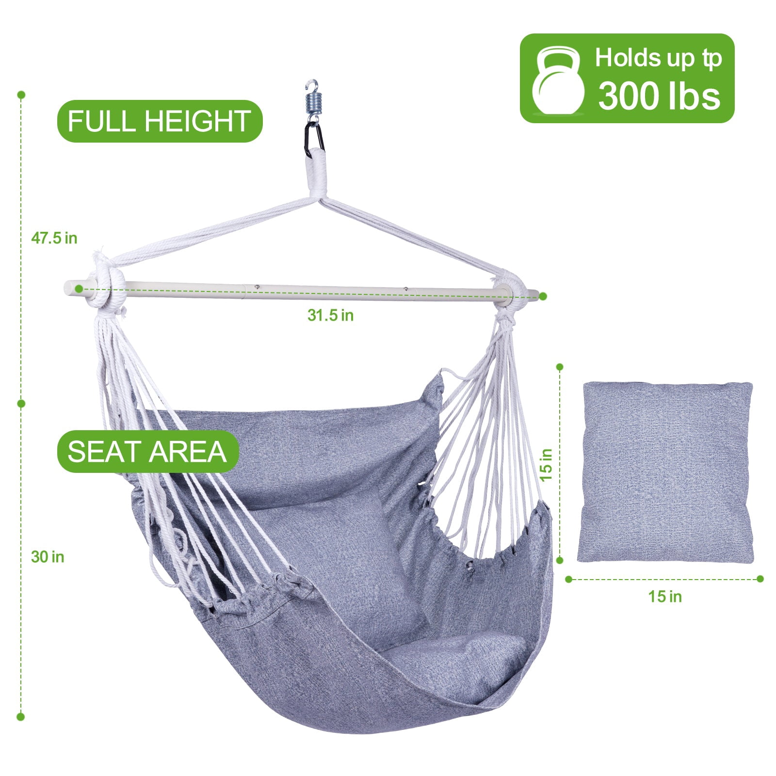 Backyard Expressions Hammock Chair Hanging Rope Swing Chair, 2 Pillows, Anti Slip Steel Spreader Bar
