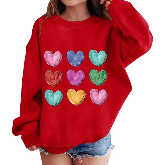 Mercatoo Teen Girls Oversized Sweatshirt Heart Valentines Day Pullovers Cotton Crewneck Sweatshirt Spring Autumn Tops Clothes