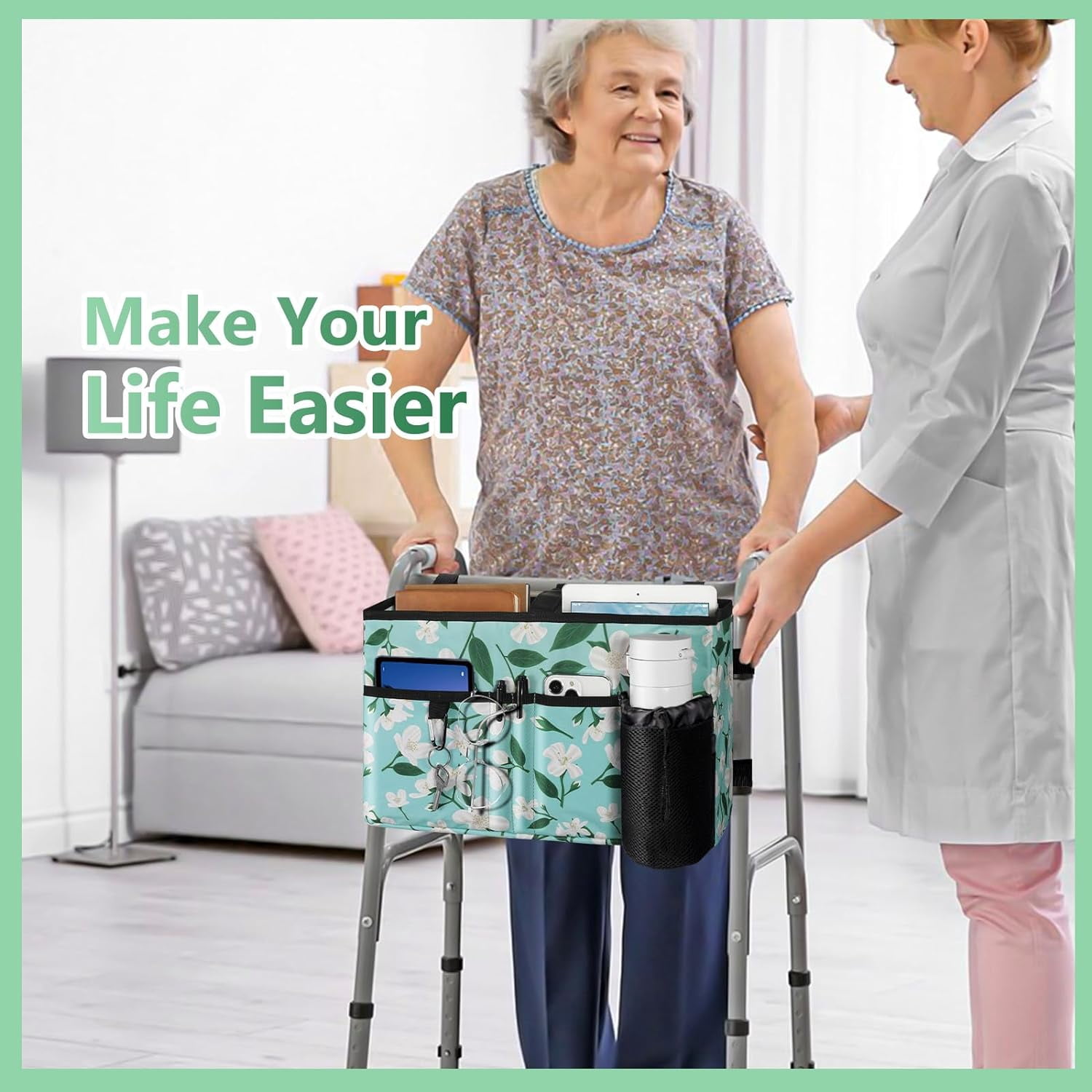 Rhino Valley Walker Bag, Multi Pockets Folding Walker Basket Tote Bag with Cup Holder, Hand-Free Carry Pouch Storage Bag for Universal Walkers, Large Capacity Organizer for Seniors Elderly, Flower