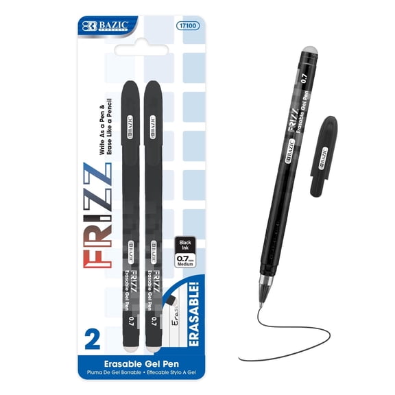 BAZIC Frizz Erasable Gel Pens, 0.7mm Medium Point, Black Ink, 2 Per Pack, 1-Pack
