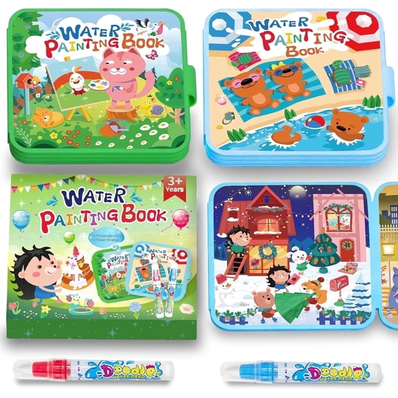 Elfew Magic Water Painting Book Set for Kids – 2 Water Painting Books, 2 Water Pens, Reusable Color-Changing Art, No Ink Needed