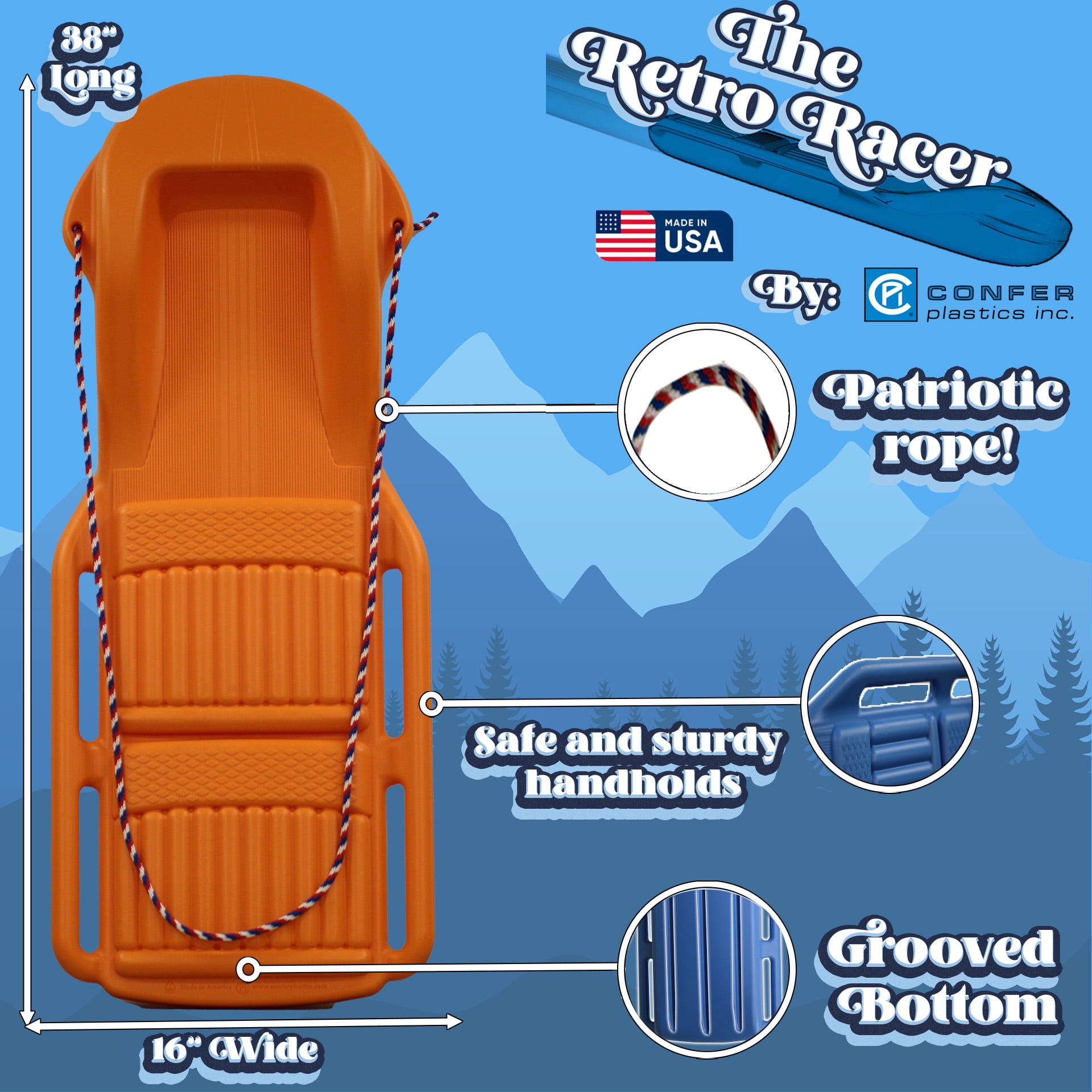 The Original Retro Racer Snow Sled by Confer Plastics, Durable Design for All Ages, Made in USA. - Atomic Orange