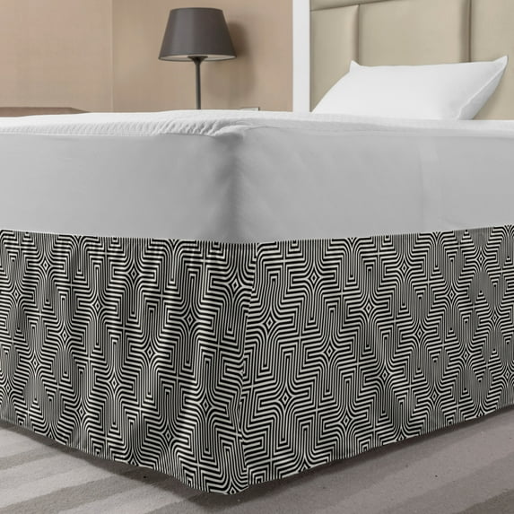 Abstract Bed Skirt, Illustration of an Optical Illusion Inspired Modern Geometric Design, Elastic Bedskirt Dust Ruffle Wrap Around for Bedding Decor, 4 Sizes, Dark Grey and Eggshell, by Ambesonne