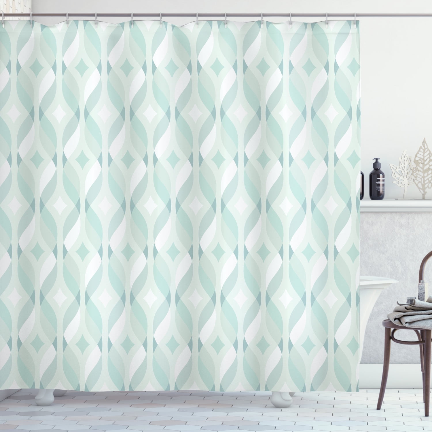 Seafoam Shower Curtain, Tangled Lines with Rhombus Pattern Symmetrical  Geometric Composition, Fabric Bathroom Set with Hooks, 12W X 12L Inches,  Pale ...