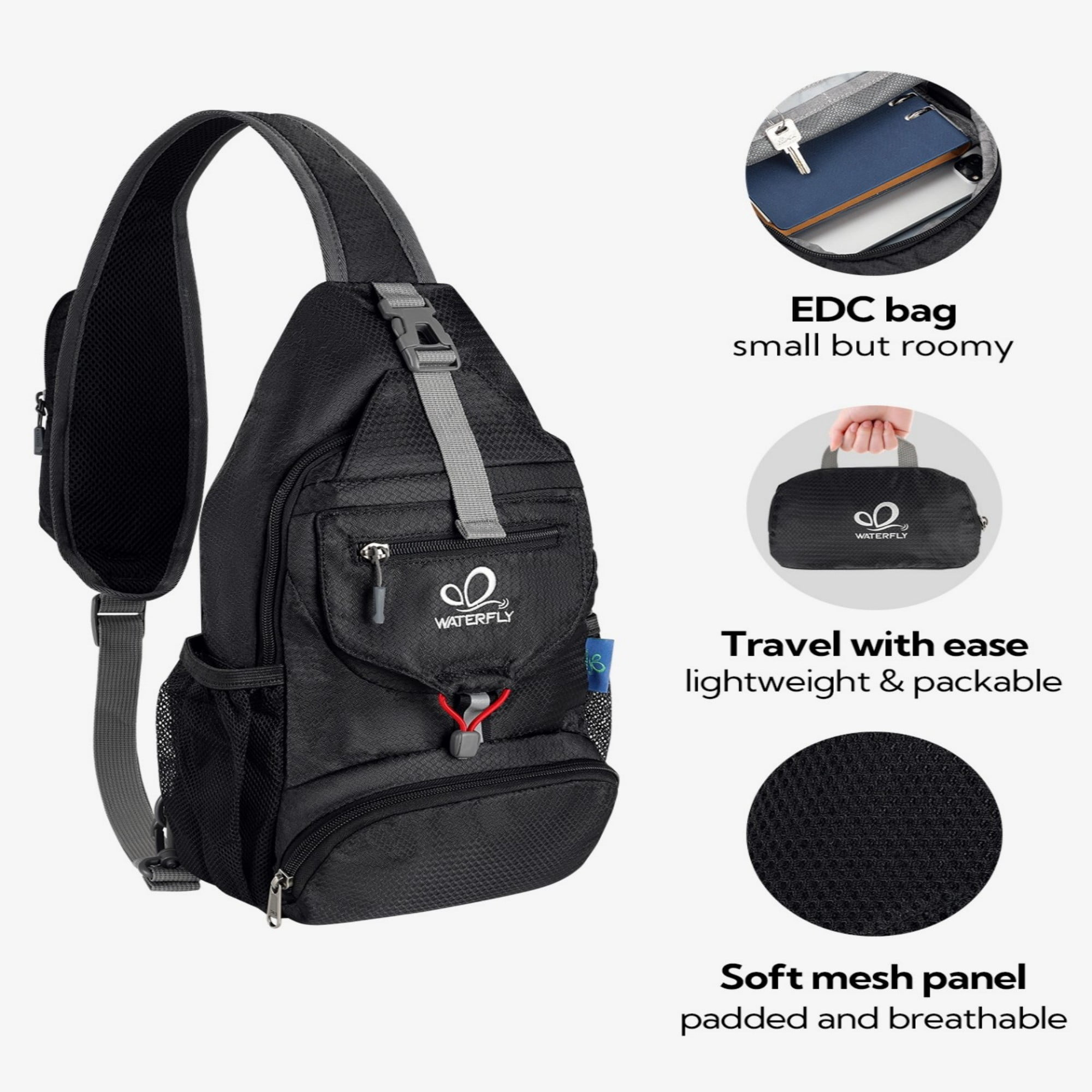 WATERFLY Unisex Small Packable Hiking Travel Sling Bag Cross-Body Shoulder Chest Bag,Black
