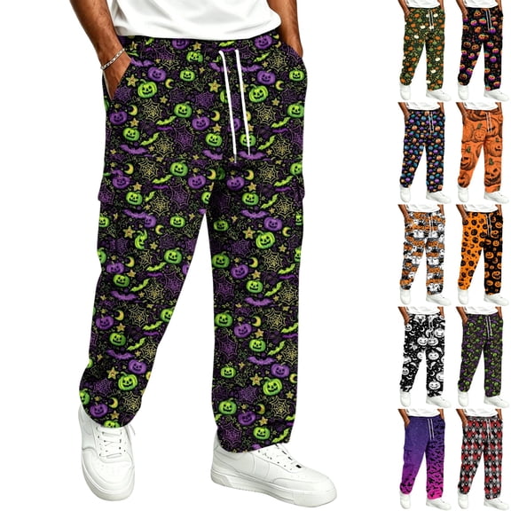 GrmtClth Casual Pants For Men Halloween Printed Cuffed Jogger Sweatpants Adjustable Drawstring Side Pockets Available In Plus Size Holiday Bottoms Green XL