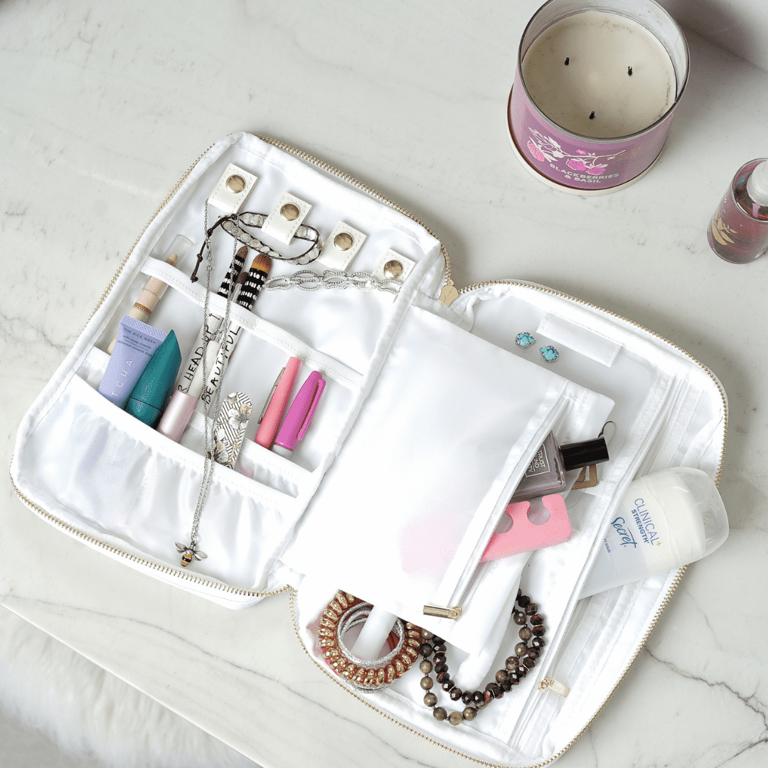Hives and Honey Women's Bryn Nylon Jewelry Accessory Travel Pouch with Embroidered Letters in White