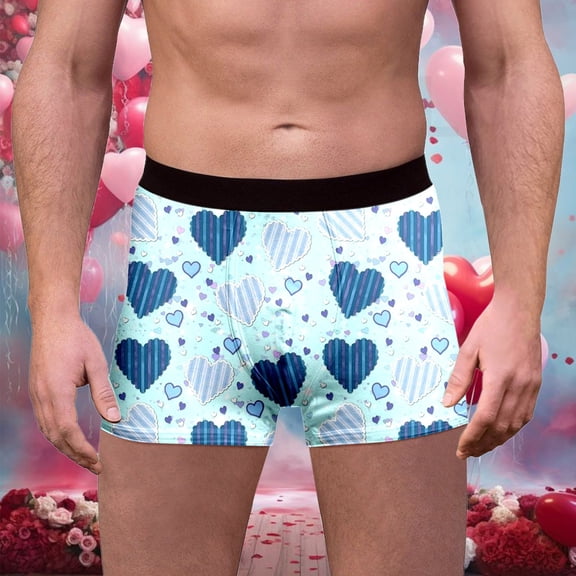 Mens Underwear Valentine's Day Heart Print Ventilate Stretch Cotton Boxer Briefs Elastic Waistband Soft Comfortable Trunks Light Blue L