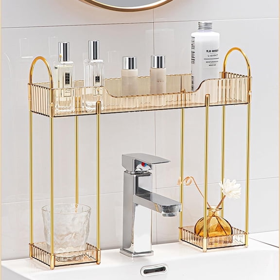 Makeup Organizer for Vanity, 2-Tier Bathroom Sink Organizers Shelf with Plastic Trays, Gold
