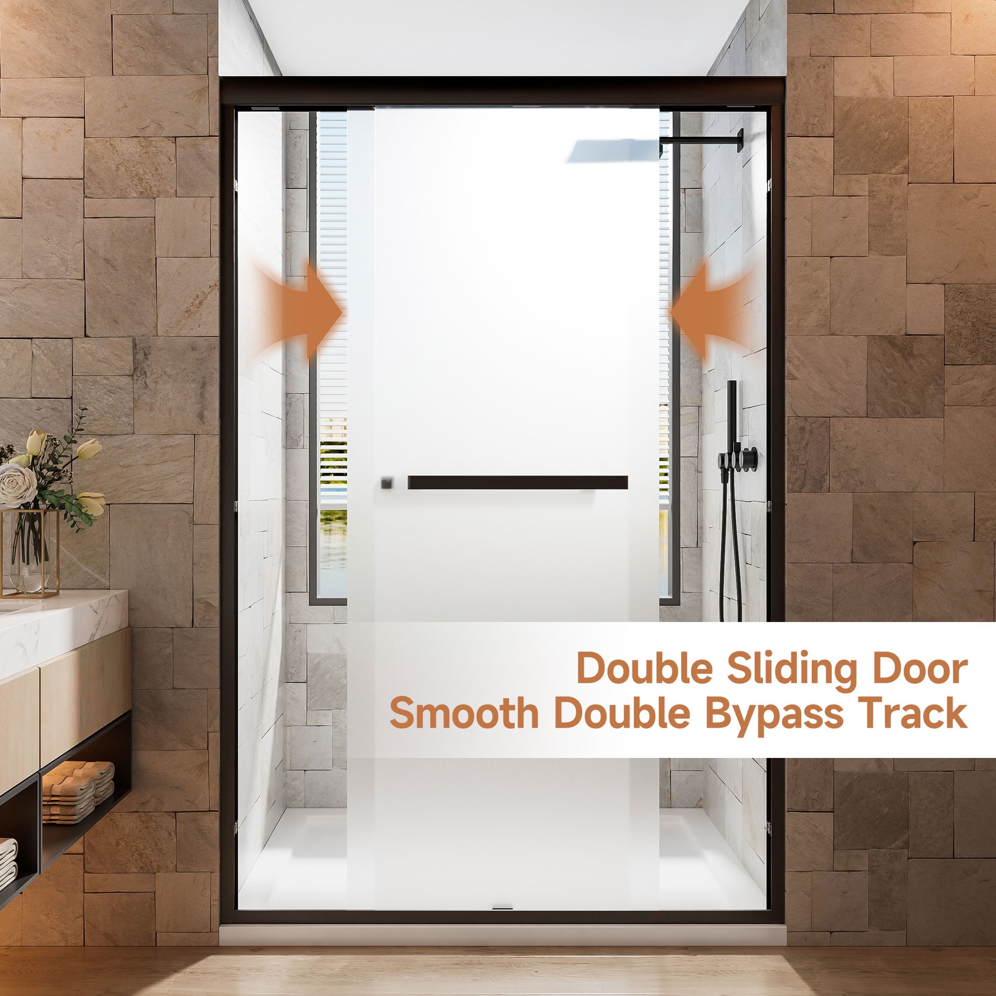 MAYEERTY Double Sliding Shower Door, Matte Black Frame, 1/4" Frosted Tempered Glass with Nano Self-Cleaning Coating, Waterproof & Reversible Installation