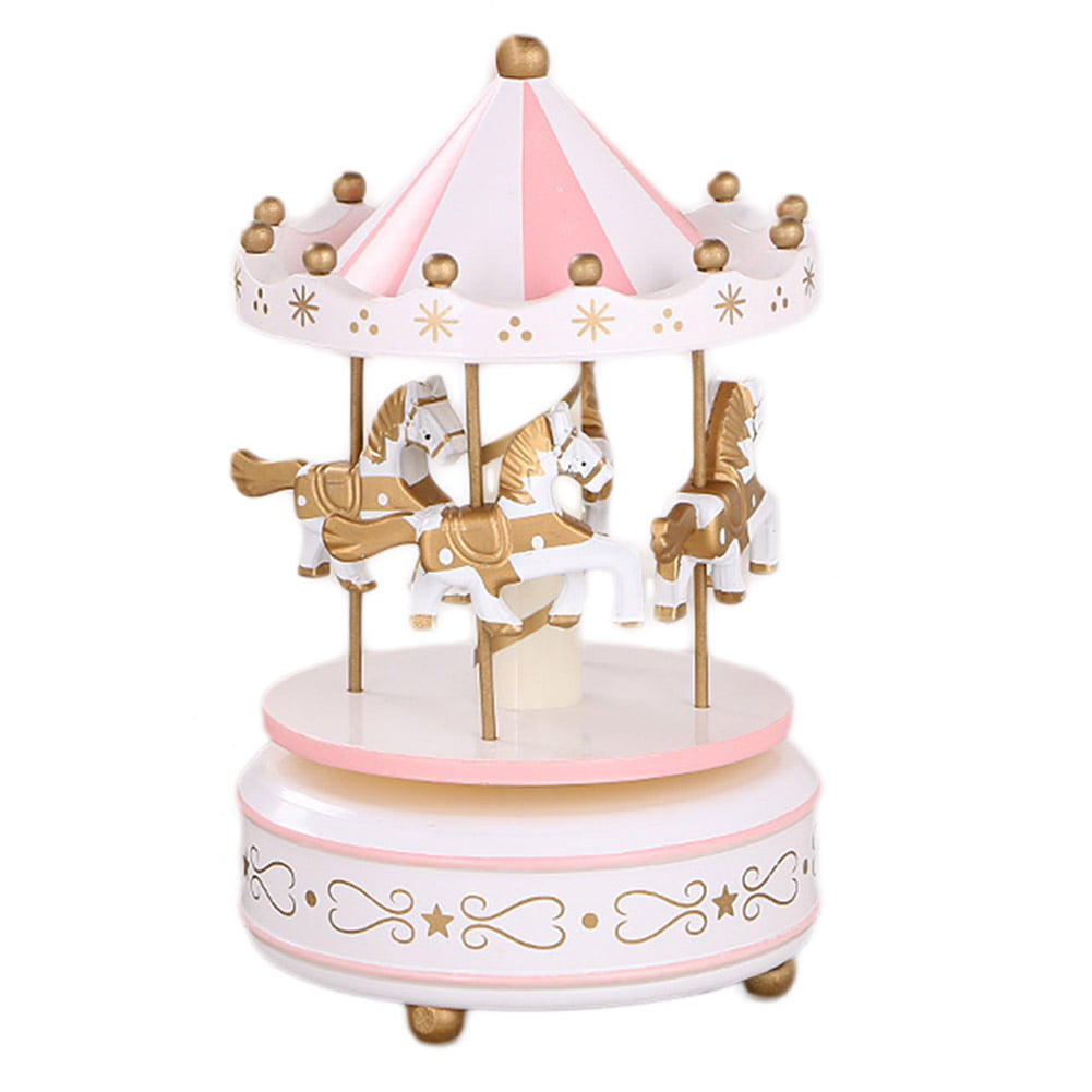 Qchomee Windup 4-Horse Rotating Carousel Classical Music Box Merry-go-round with Colorful Change LED Luminous Light Melody Artware Birthday Christmas Festival Musical Gift for Children Kids