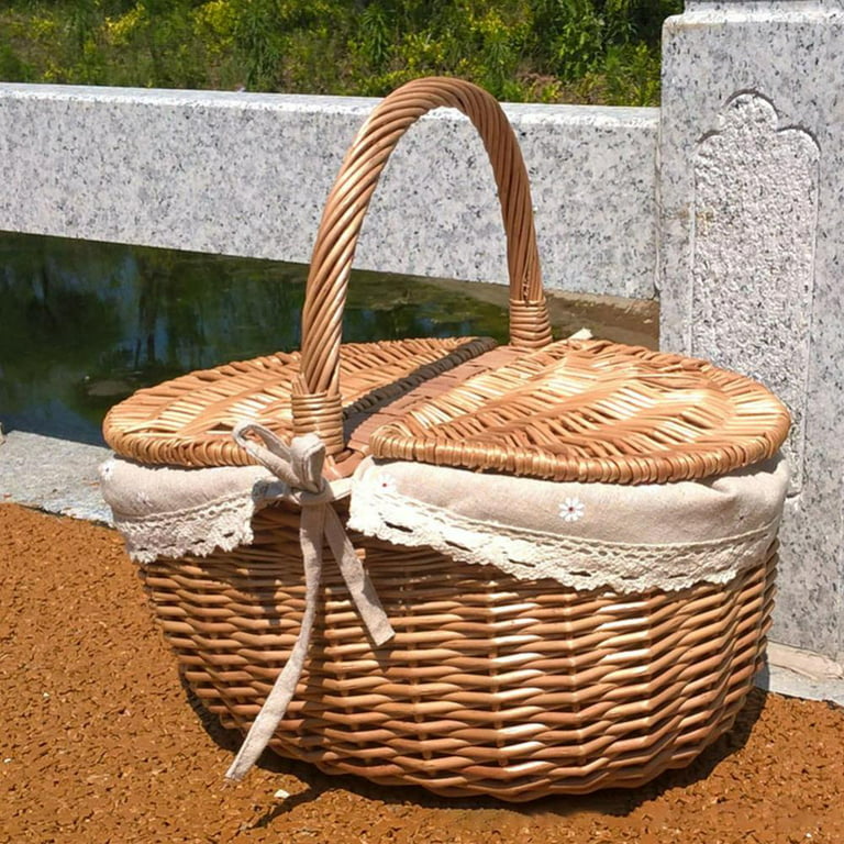 Pretty Comy Hand Made Wicker Basket Wicker Camping Picnic Basket Shopping Storage Hamper with Lid and Handle Wooden Color Wicker Picnic Basket, Size