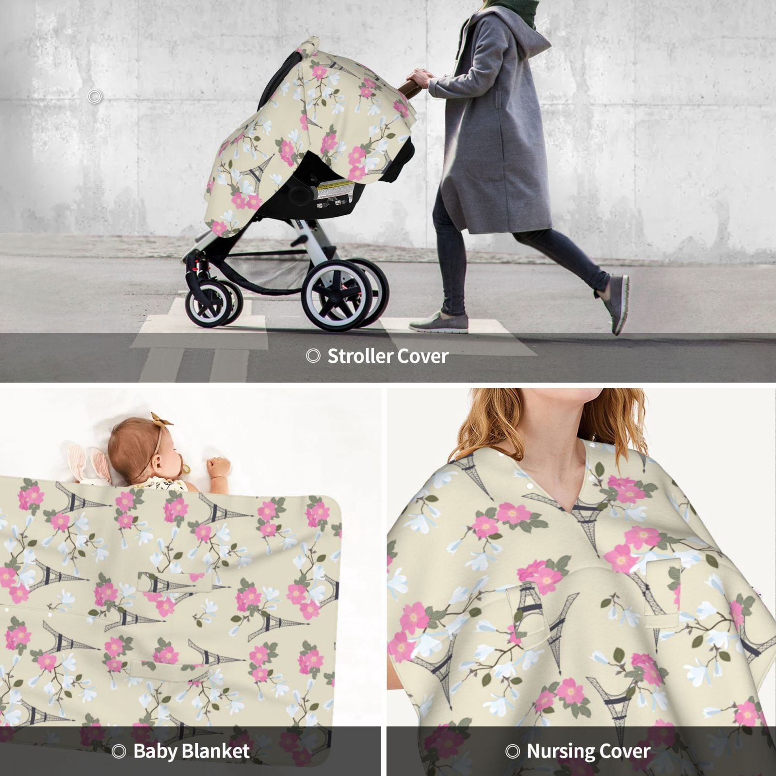 Car Seat Cover Baby - Eiffel flower Towers Breathable Infant Car Seat Cover for Baby Carseat, Lightweight Comfort Baby Essentials Must Haves Newborn Stuff for Girl Boy
