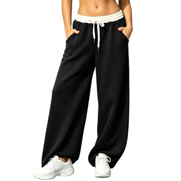 ZHYou No Boundarie Womens Color Blocked Fleece Sweatpants Drawstring Elastic High Waist Loose Wide Leg Pants with Pockets,Black,Size M