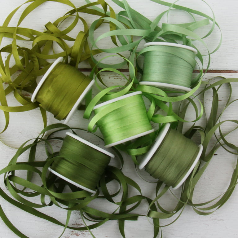 4mm Silk Ribbon Set Green Shades Five Spool Collection 100% Pure Silk 10  Meter Spools 