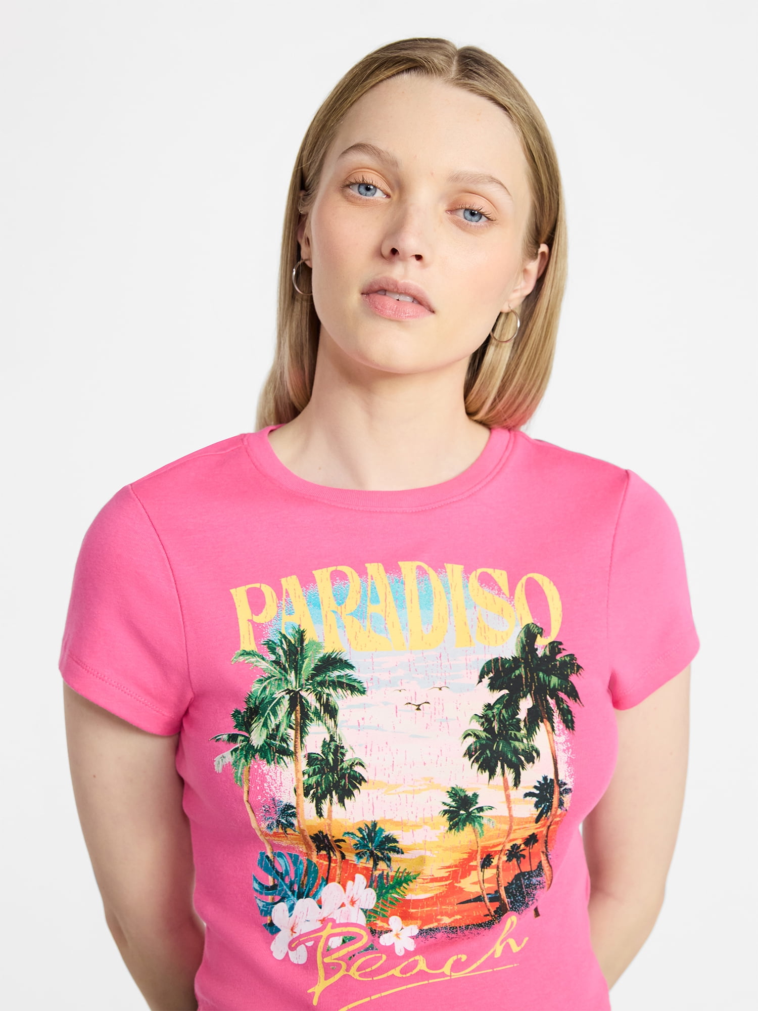 No Boundaries Ribbed Cotton Graphic Baby Tee with Short Sleeves, Women's XXS-XXL
