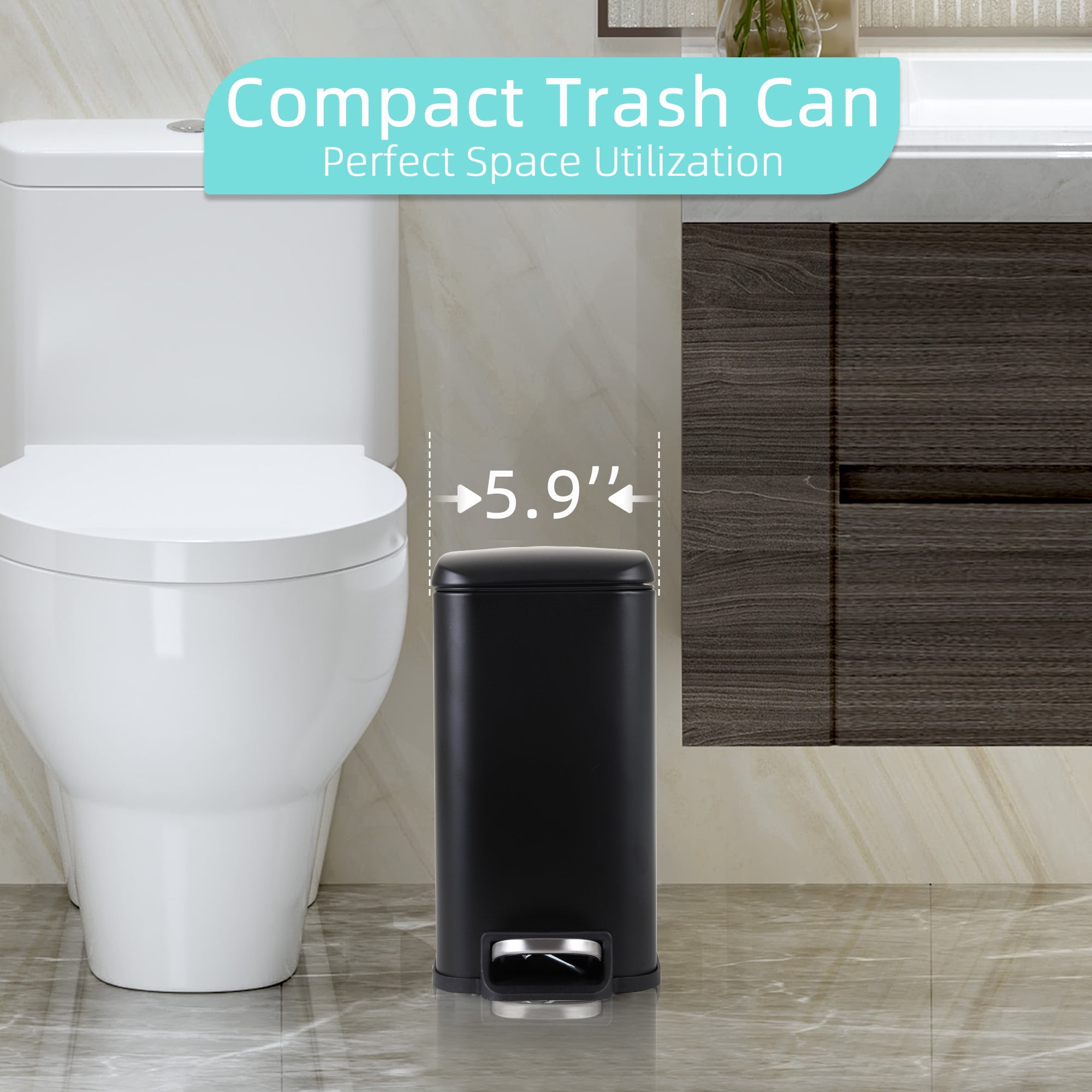 CL.HPAHKL Small Bathroom Trash Can with Soft Close Lid, 1.3 Gallon Stainless Steel Garbage Can with Removable Inner Bucket, Foot Pedal, Mini Trash Bin for Toilet, Home Office (Black, 2 Pack)