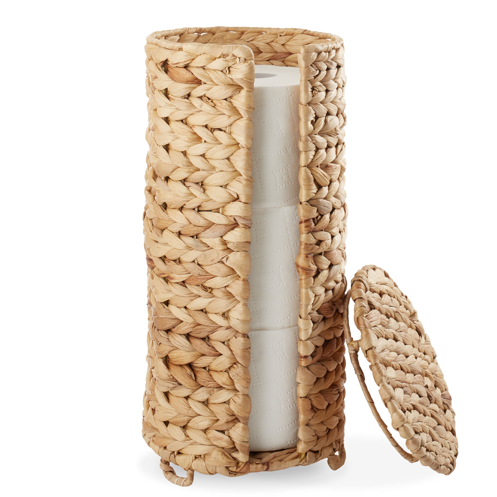 Casafield Toilet Paper Roll Holder with Lid - Natural, Fits 3 Rolls, Free Standing Water Hyacinth Bath Tissue Storage Organizer for Bathroom