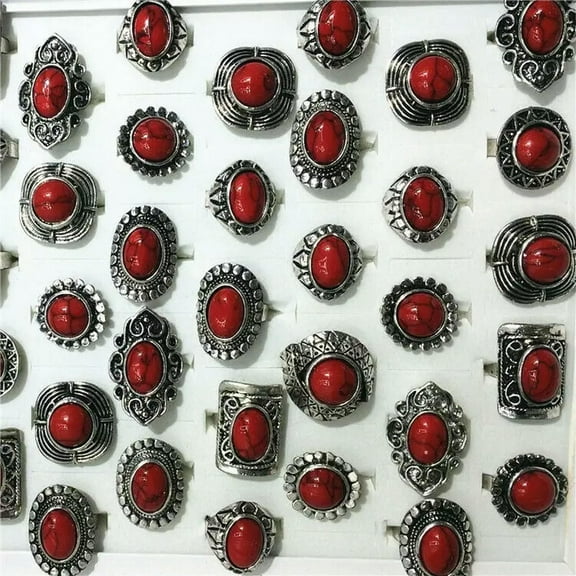K-KED 30pcs Red Turquoise Stone Delicate Jewelry Wholesale Lots Fashion Women/Men's Cool Rings