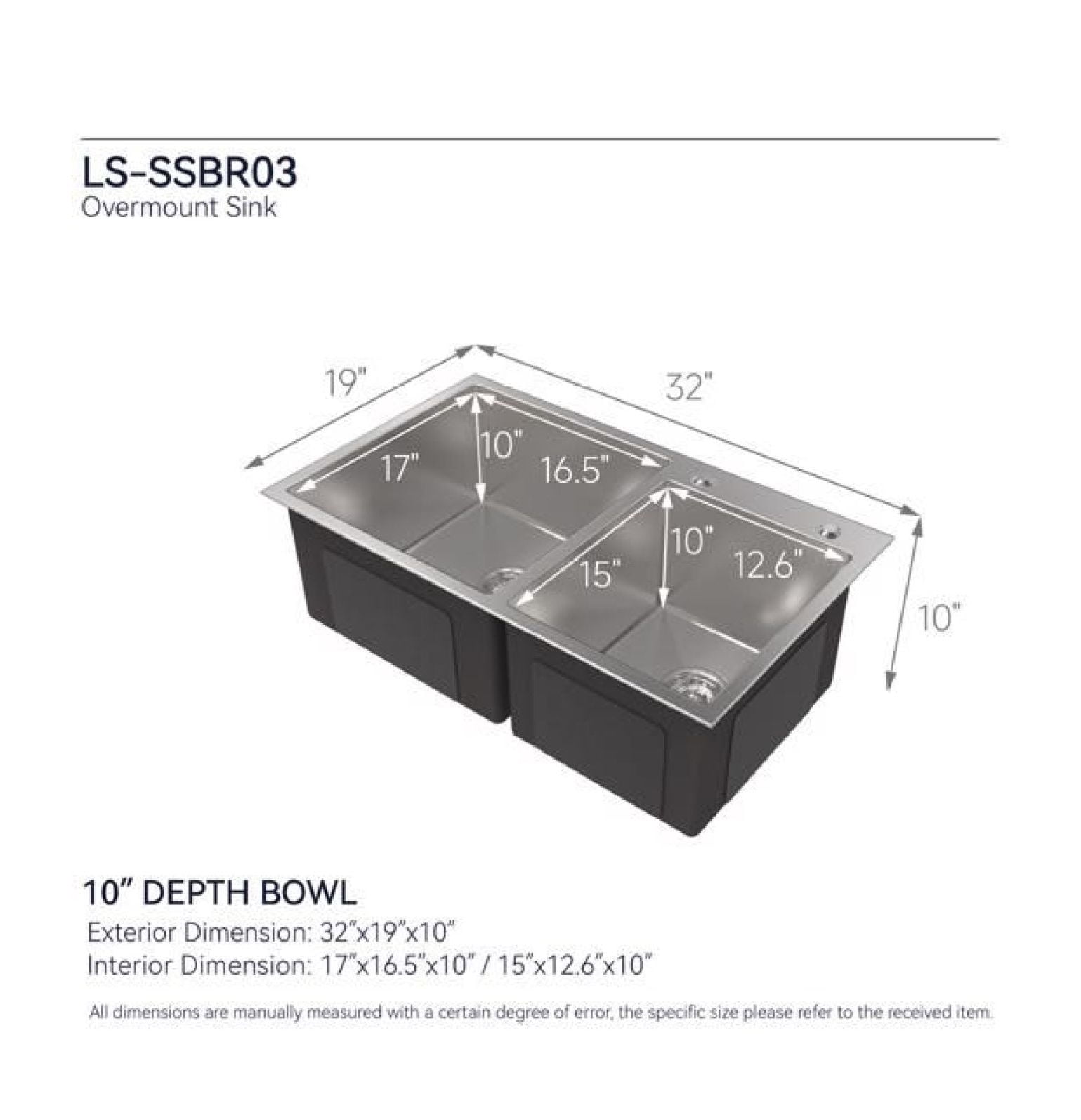 Stainless Steel Kitchen Sink 32x19x10 Inch - Double Bowl Drop-in Sink with Sound Dampening, S304 Nano Gray Finish, Dishwasher Safe, Durable Household Sink