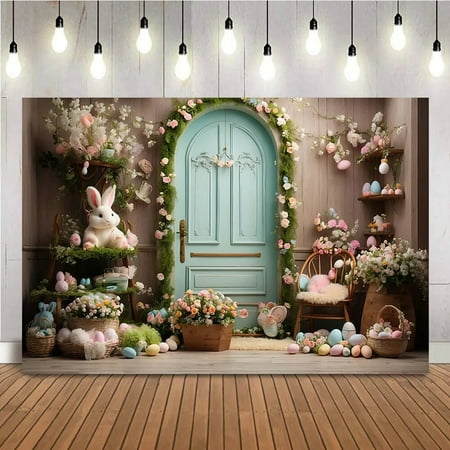 Image of Rabbit Easter Egg Backdrop for Photography Spring Floral Cake Smash Portrait Photo Booth Background Banner Rustic Wood Door Prop