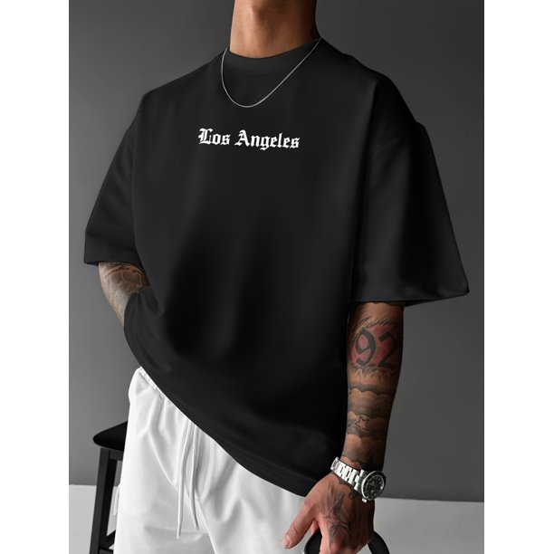 Men's Los Angeles Graphic Street Style T-Shirt - Geometric Angel Wings & Lightning Bolt Print, 100% Cotton Blend, Loose Fit Crew Neck Short Sleeve Summer Casual Tee for Urban Streetwear, Summer Gifts