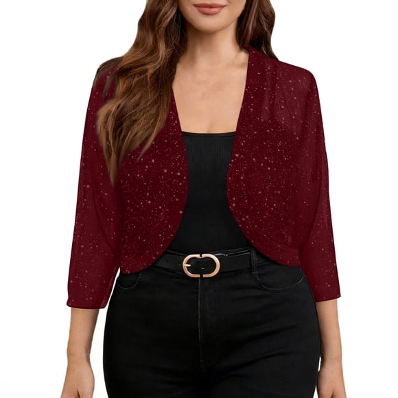 TaTaai Women's Fashion Solid Color Sequined Glitter Mesh Long Sleeve Tops Jackets Casual Elegant Lightweight Comfortable Outwear for Spring Winter Daily Gift