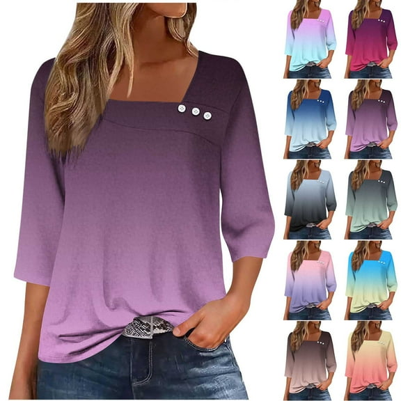Jsaierl Tops for Women 3/4 Sleeve Plus Size Button Up Crew Neck Shirts Dressy Gradient Petite Blouses Workout Dressy Tunic Top S-3XL