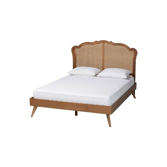 Baxton Studio Aithan Walnut Brown Wood and Rattan Queen Size Platform Bed