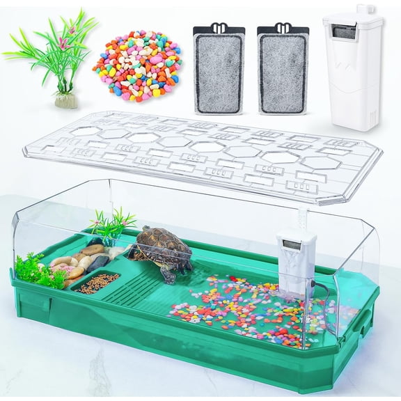 Turtle Tank Tortoise Terrarium with Pump&Filter with Shower Function Easy to Change Water and Clean Water for Turtle Horned Frog Hermit Crab Green, XL