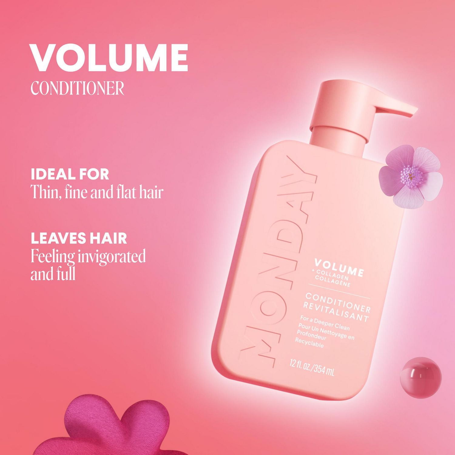 MONDAY Haircare VOLUME Conditioner with Hydrolyzed Collagen, Coconut Oil, Shea Butter & Macadamia Oil for Thin, Fine & Flat Hair 354 mL, Dermatologically tested