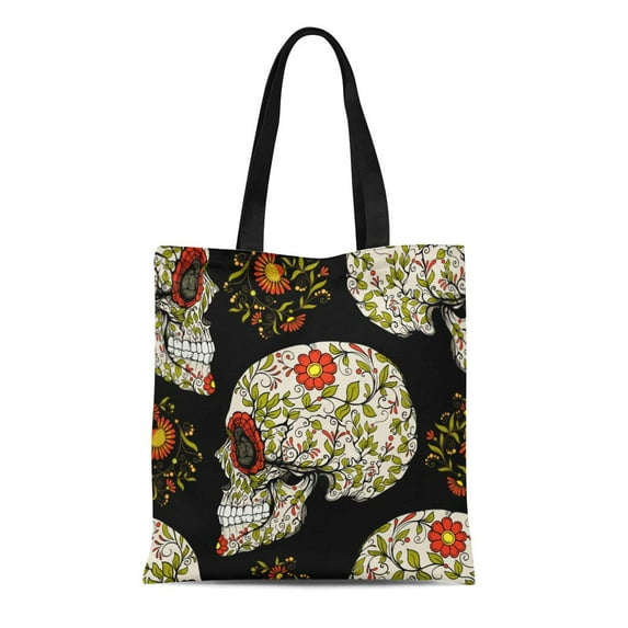 ASHLEIGH Canvas Tote Bag Red Halloween Sugar Skull and Floral Patter Pattern Calavera Reusable Shoulder Grocery Shopping Bags Handbag