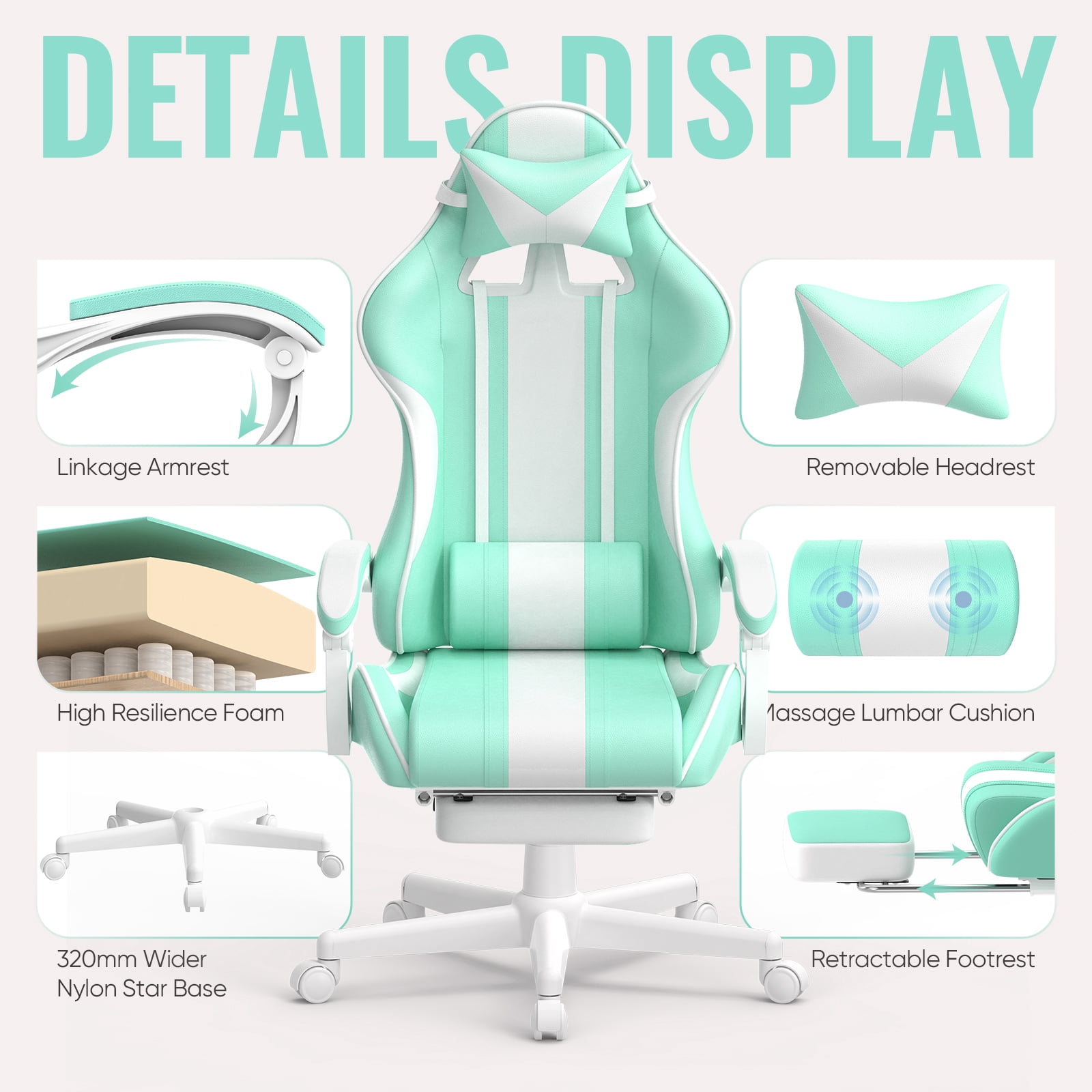 SOONTRANS Gaming Chair with Footrest, Girl Leather Gamer Game Chair for Adult, Reclining Adjustable Game Office Chairs Massage Pillows, Video Computer Chair with Bunny Ears, Green