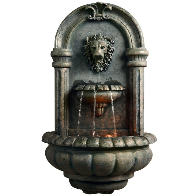 Teamson Home Wall Mounted Water Fountain LED Light Outdoor Lion Head Tiered Stone Grey