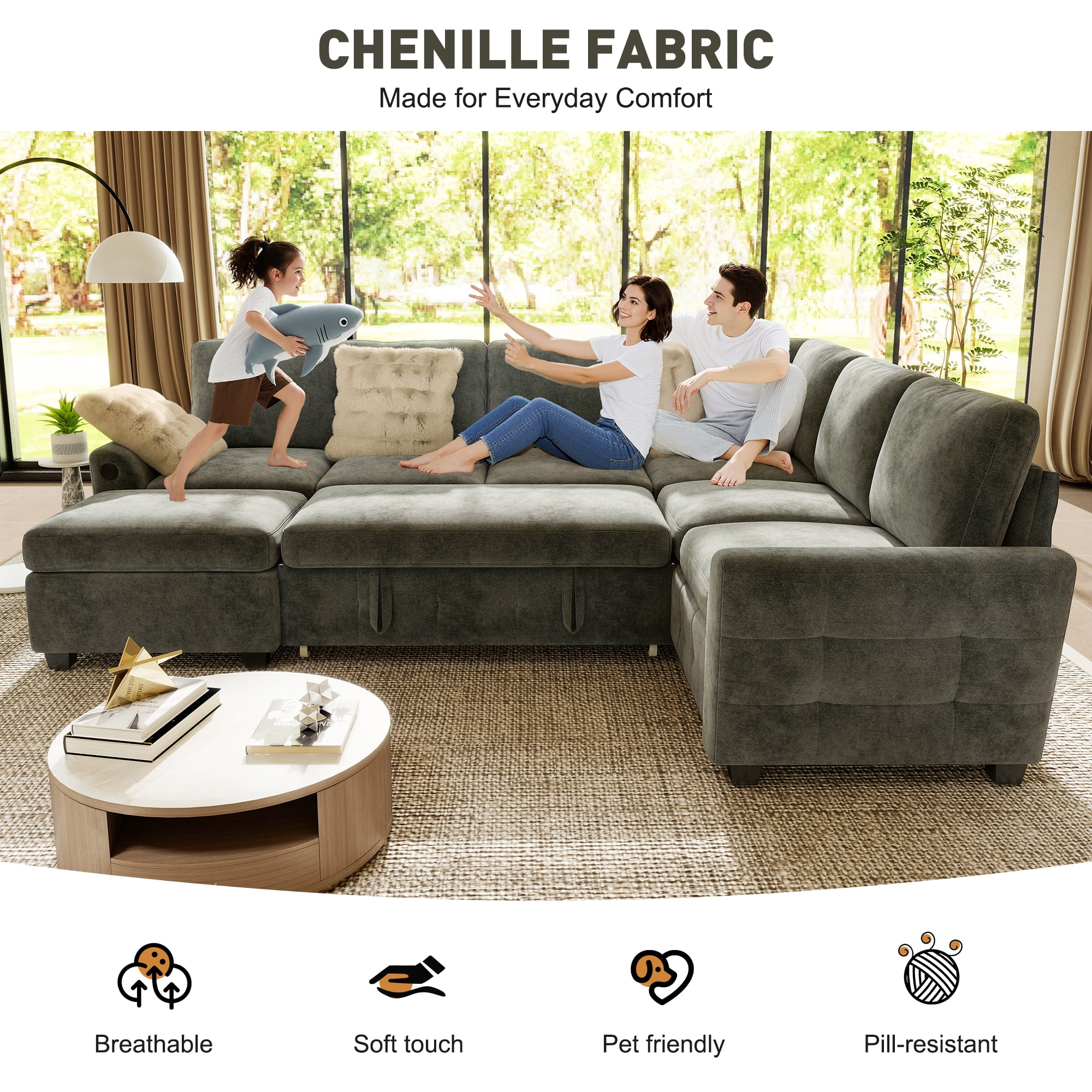 BedLuxury 106" Modular Sectional Sofa Bed with Pull Out Bed, Large Storage & USB Charging, Modern Sleeper Couch for Living Room, Chenille Gray