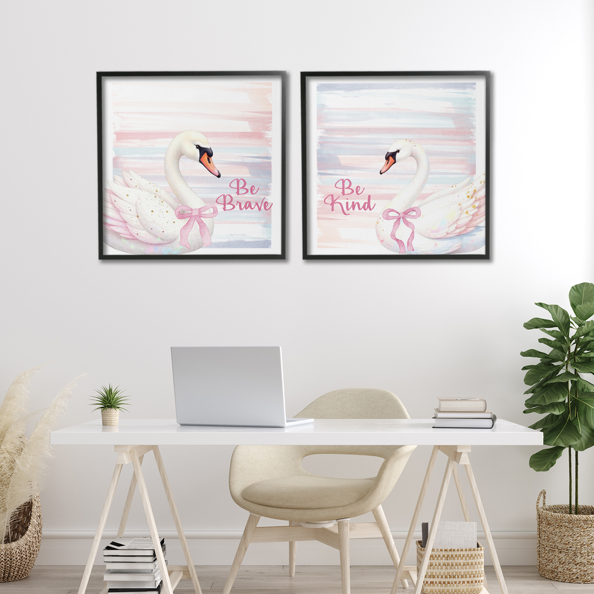 Be Brave & Kind Pastel Swan 2 Piece Black Framed Giclee Art Set, design by Kim Allen