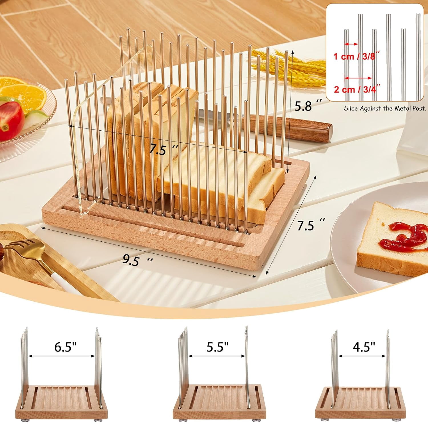 Bread Slicer, Stainless  Bread Slicer for Homemade Bread,Adjustable Bread Slicing Guide with Beechwood Bread  Board for Loaf,Bagels & Baguette, Durable and  Wooden Structure