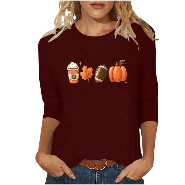 KIHOUT Hauts en Liquidation, Chemises à Manches 3/4 pour Femmes Blouse Imprimée Graphique d'Automne Col Rond T-shirts Décontractés Amples Chandails en Molleton Blouse