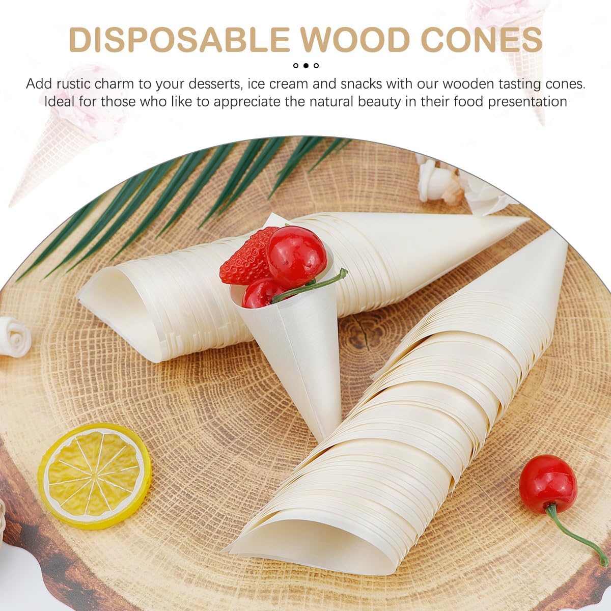 ABPETE 100Pcs Disposable Wood Cones Tasting Cones Serving Cones for Ice Cream Fries Appetizers Wedding Birthday Party Supplies, 5Inch